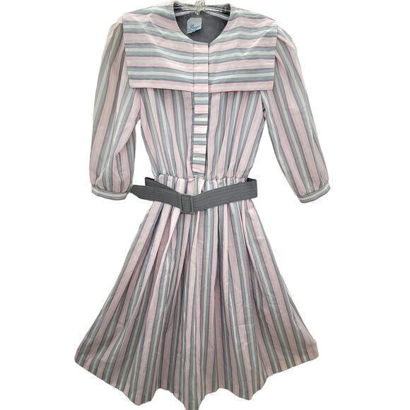 PRAGO Fashion Inc Striped Sailor Collar Belted Short Sleeve Fit n Flare Dress - Picture 1 of 13